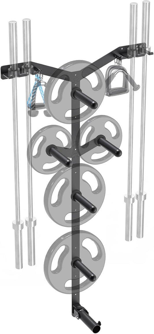 Wall Mounted Weight Plate Rack, Heavy Duty Olympic Barbell Holder & T Bar Row Landmine Attachment, 5 Pegs & 4 Barbell Storage, Space-Saving Home Gym Organizer