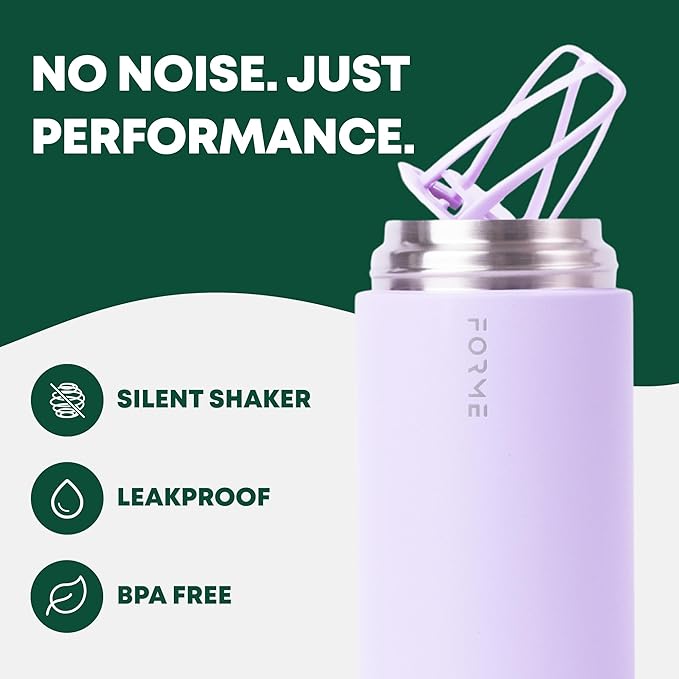 FORME - Shaker, 1 Liter Stainless Steel Protein Shaker, Double-Walled Vacuum Insulated Bottle, Silent & Leak-Proof Design, Keeps Drinks Cold for 12 Hours or Hot for 8 Hours (Lilac Purple)