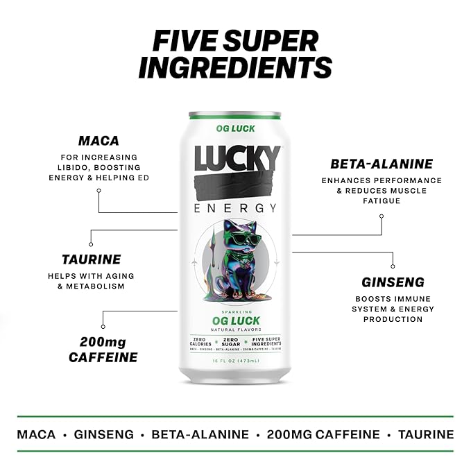 Lucky Energy Sugar Free Energy Drinks 16 Fl Oz Cans (12-Pack) Healthy Energy Drink. OG Luck with Maca, Ginseng, Taurine, Beta-Alanine, 200mg Caffeine