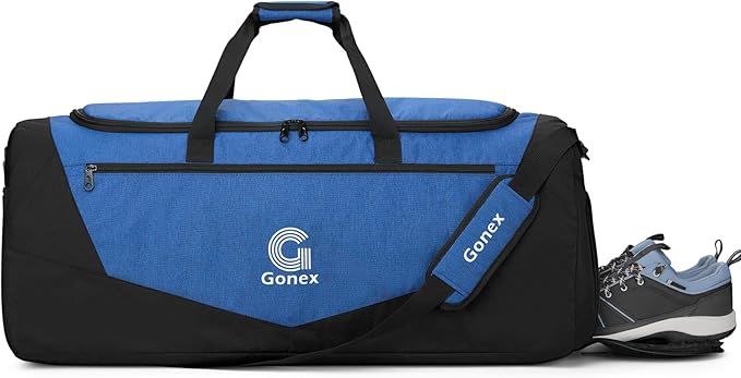 Gonex Gym Duffel Bag with Shoe Compartment Wet Pocket, Large Capacity Sports Duffle Bag for Men Women, Workout & Travel Bag with Multiple Pockets, Black/Blue, Large (100L)
