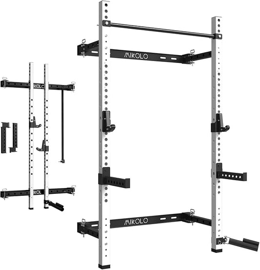 Mikolo 2" x 2" Folding Wall Mounted Squat Rack, 1000 Pounds Capacity Power Rack with Pull Up Bar, J Hooks and Other Attachments, Space-Saving Home Gym
