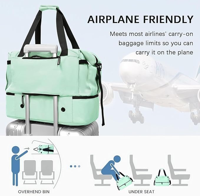 Gym Bag for Female, Weekender Bags for Women with Shoes Compartment, Personal Item Travel Duffel Bag with Wet Pocket & USB Charging Port, Carry On Bag for Women, Travel, Gym, Weekend (Light green)