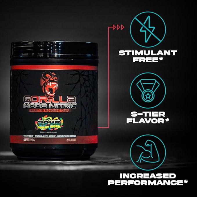 Gorilla Mode Nitric Upgraded Stimulant Free Pre-Workout – Best Tasting and Most Effective Stimulant Free Pre-Workout/Massive Pumps · Vasodilation · Power / 808 Grams (Sour Gummy Worms)