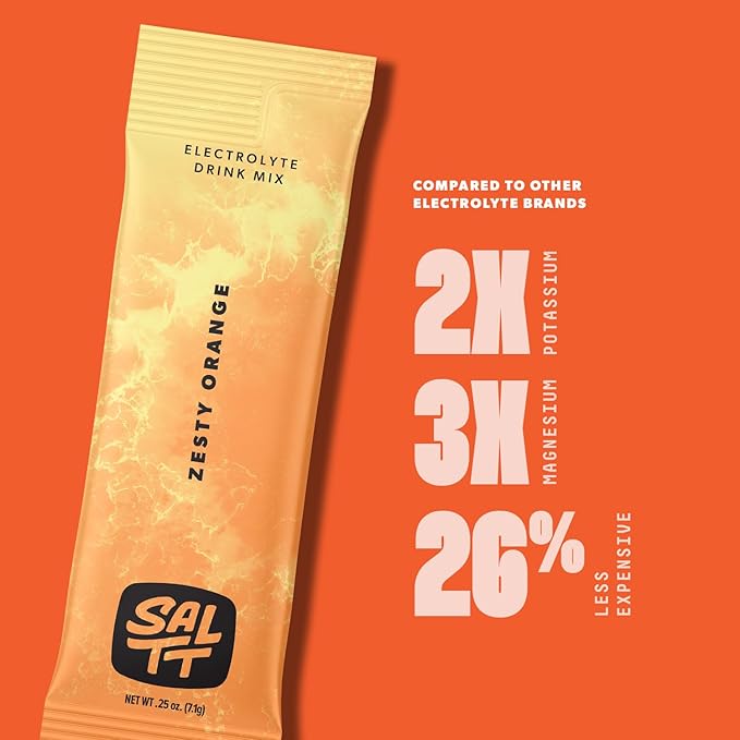 SALTT Electrolytes Powder Flavored Drink Mix - Zesty Orange - 30 Hydration Packets - Magnesium, Potassium, Sodium, Trace Minerals - Zero Sugar & Gluten Free - Travel Essentials