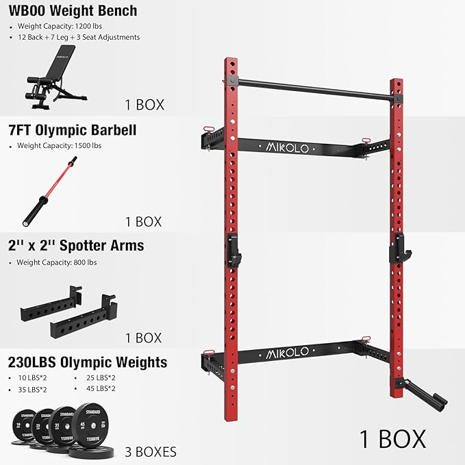 Mikolo 2" x 2" Folding Wall Mounted Squat Rack, 1000 Pounds Capacity Power Rack with Pull Up Bar, J Hooks and Other Attachments, Space-Saving Home Gym