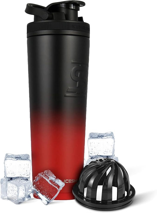 Ice Shaker Insulated Stainless Steel Shaker Bottle | 32oz, Red/Black | Cold for 30+ Hours | Insulated Cup with Twist-on Agitator | Odor-Free Bottle for Protein Shakes, Water, Smoothies, Cocktails
