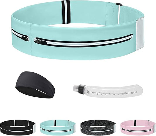 Running Belt with Water Bottle & Headband, No-Bounce Hydration Belt Adjustable Reflective Waterproof Fanny Pack for Women & Men, Fits All Phones (M-Blue)