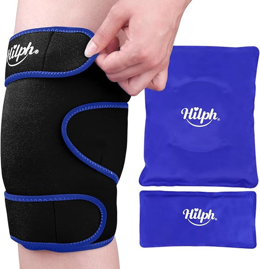 Hilph Large Hot & Cold Therapy Knee Ice Wrap with Dual Gel Packs & Adjustable Brace for Full Knee Coverage, Pain Relief for Replacement Surgery, Arthritis, ACL, Meniscus Tear, Women, Men Black