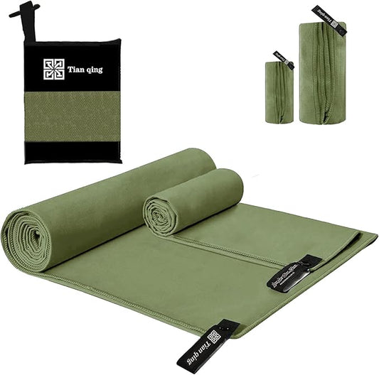 Microfiber Travel Towel Set, 2 Piece, Quick Dry Camping Towel, Lightweight,Fast Drying Soft Towel for Beach,Backpacking Hiking Gym Yoga Swimming (Army Green, Medium)