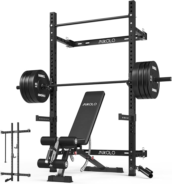 Mikolo 2" x 2" Folding Wall Mounted Squat Rack, 1000 Pounds Capacity Power Rack with Pull Up Bar, J Hooks and Other Attachments, Space-Saving Home Gym