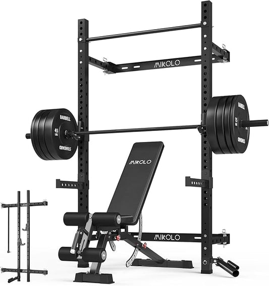 Mikolo 2" x 2" Folding Wall Mounted Squat Rack, 1000 Pounds Capacity Power Rack with Pull Up Bar, J Hooks and Other Attachments, Space-Saving Home Gym