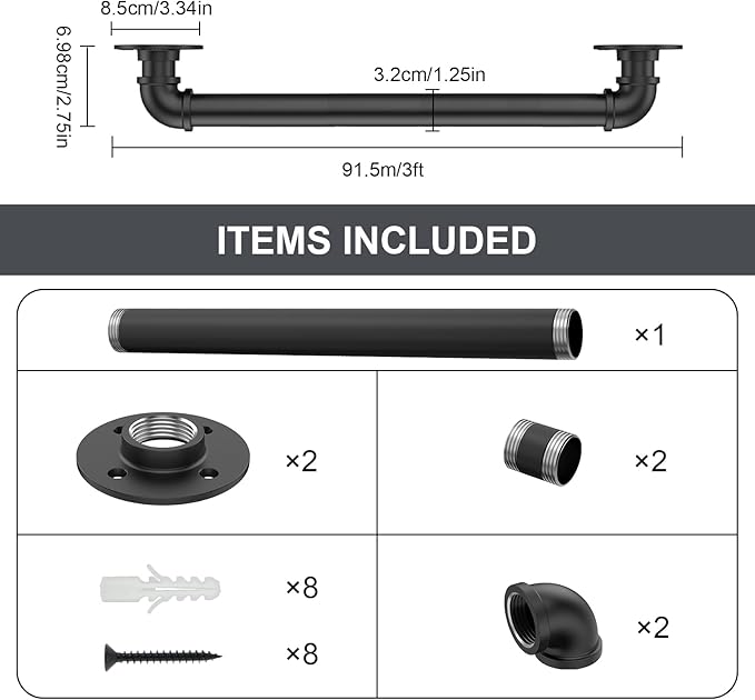 3FT Industrial Stair Railing Wall Mount Staircase Handrail φ1.3" Pipe Hand Rail for Steps Grab Bar Foot Rail Vintage Pipe Railing Black Deck Handrail for Outdoor Indoor Stair Porch