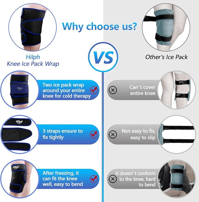 Hilph Large Hot & Cold Therapy Knee Ice Wrap with Dual Gel Packs & Adjustable Brace for Full Knee Coverage, Pain Relief for Replacement Surgery, Arthritis, ACL, Meniscus Tear, Women, Men Black