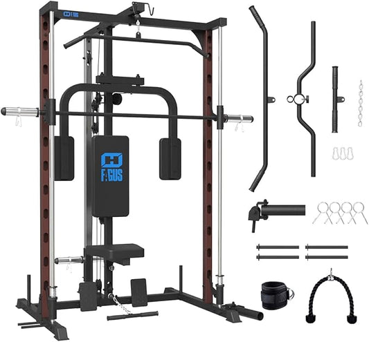 FAGUS Smith Machine Home Gym Power Cage with Pulley System, Space Saving Design Squat Rack with Full Body Strength Training Attachments, PEC Station & Fixed Cable Crossover Optional
