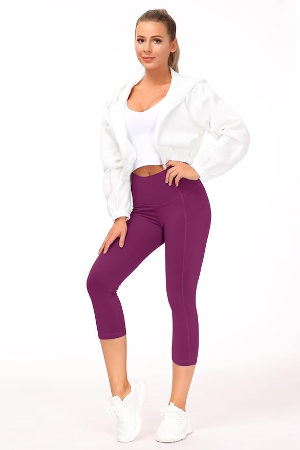 THE GYM PEOPLE Thick High Waist Capris Yoga Pants with Pockets, Tummy Control Workout Running Yoga Leggings for Women