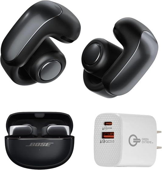 Bose Ultra Open Bluetooth Earbuds, True Wireless Earbuds with OpenAudio for Awareness, Clip On Design for Comfort, Immersive Audio, Up to 48 Hrs of Playtime + 20W Wall Charger (Black)