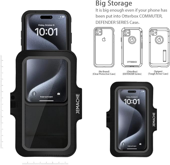 JEMACHE Slim Running Phone Armband for iPhone 17 16 15 14 13 Pro Max, Samsung Galaxy S25 S24 S23 S22 Ultra/Plus with Earphone Holder (Black) L