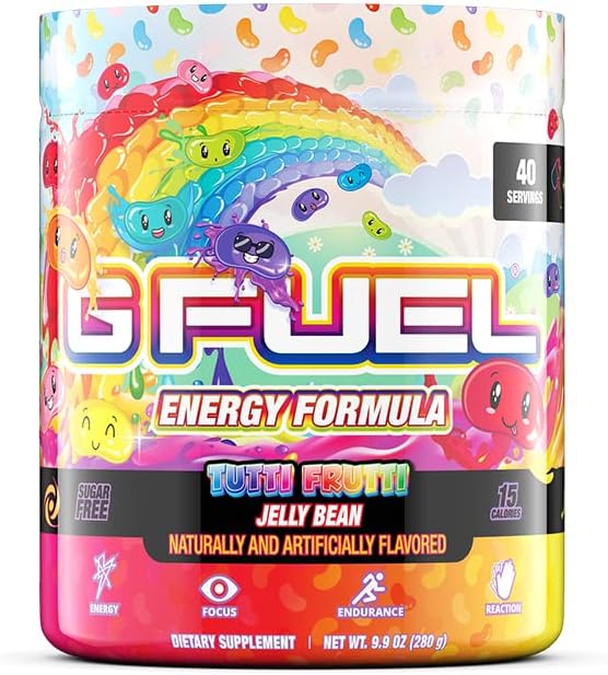 G Fuel Tutti Frutti Energy Drink Powder, Pre Workout Caffeine Mix for Gaming, Sugar Free Focus Amino, Vitamin + Antioxidants, 9.8oz (Tutti Frutti Jelly Bean, 40 Servings)