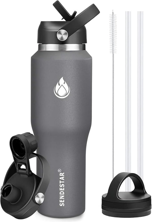 SENDESTAR 40oz Water Bottle Wide Mouth Stainless Steel Vacuum Insulated Double Wall with Straw Lids Fit in Any Car Cup Holder