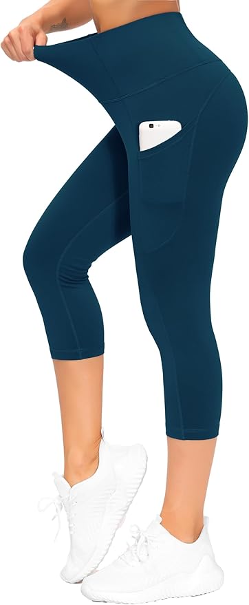 THE GYM PEOPLE Thick High Waist Capris Yoga Pants with Pockets, Tummy Control Workout Running Yoga Leggings for Women