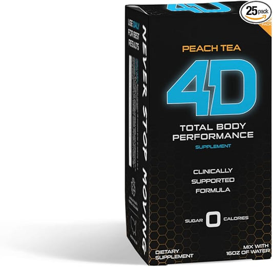 4D - Peach Tea 25 Unit - Electrolytes, Aminos, Vitamins & Energy Powder Packets - Zero Calories & Sugars - Gluten Free, Non-GMO, Keto & Vegan Friendly