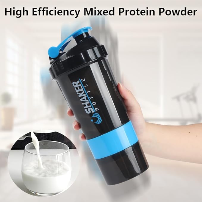 Shaker Bottle, Leak Proof Shaker Bottle for Protein Mixes,16oz 3 Layer Twist Off Cup with Pill & Supplement Storage, Gym Sports Cup for Protein Powder, Blue