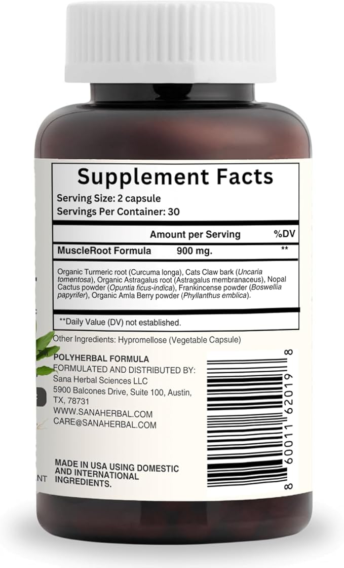 Muscle Recovery Supplement | Plant-Based Muscle Relaxer for Post-Workout Inflammation Support, with Organic Turmeric, Frankincense & Nopal Cactus | 60 Capsules by Sana Herbal