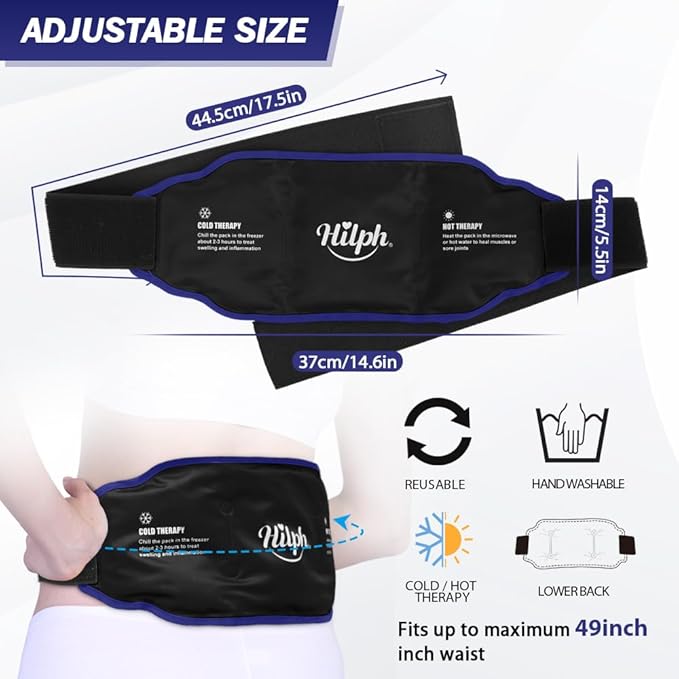 Hilph Low Back Ice Pack Wrap for Men Women, Reusable Gel Back Ice Belt with Hot Cold Therapy for Lumbar Pain, Abdominal Pain, Lumbar Surgery, Sciatic Nerve, Coccyx, Tailbone Pain (Black)