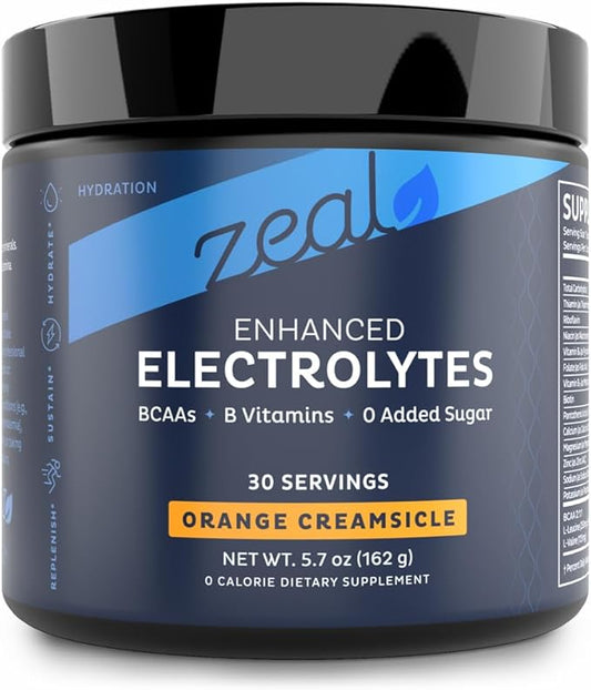 Zeal Electrolyte Powder Recovery Drink (30 Servings | Orange Creamsicle) w 0 Sugar +BCAAs +B-Vitamins Electrolyte Supplement w Potassium Zinc & Magnesium
