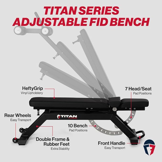 Titan Fitness TITAN Series FID Bench, Adjustable Weight Bench with 70 Flat, Incline, Decline Angles, Rated 600 LB, Durable Vinyl Padding, Workout Bench for Home Gym Weightlifting & Strength Training