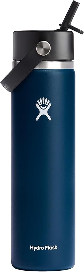 Hydro Flask Water Bottle - Insulated Stainless Steel - Wide Mouth Flex Straw Lid, Non Spill, Leakproof and Refillable in 24 Oz Indigo