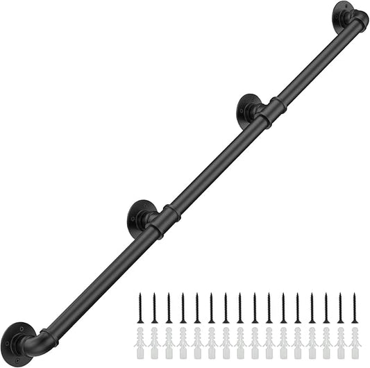 11.4FT Industrial Stair Railing Wall Mount Staircase Handrail φ1.3" Pipe Hand Rail for Steps Grab Bar Foot Rail Vintage Pipe Railing Black Deck Handrail for Outdoor Indoor Stairs Porch