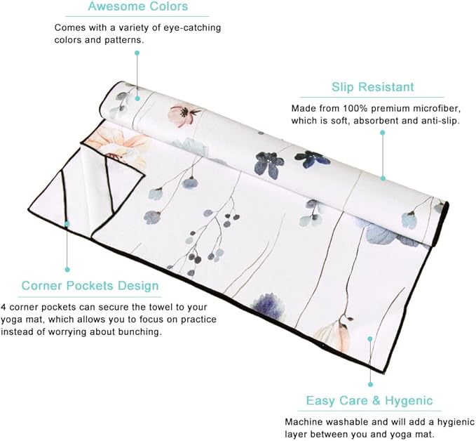 QiyI Floral Yoga Mat Towel with Corner Pockets, Non Slip Sweat Absorbent Hot Yoga Towels, Soft Yoga Blankets with Travel Bag, Mat Cover for Workout, Gym, Fitness - 70"x26", Watercolor Flowers
