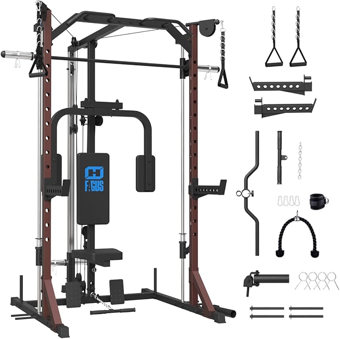 FAGUS Smith Machine Home Gym Power Cage with Pulley System, Space Saving Design Squat Rack with Full Body Strength Training Attachments, PEC Station & Fixed Cable Crossover Optional