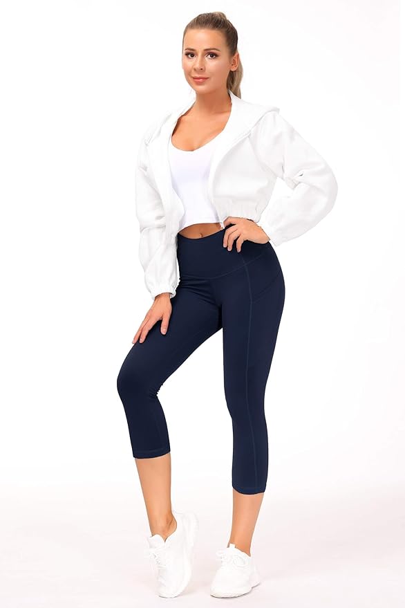 THE GYM PEOPLE Thick High Waist Capris Yoga Pants with Pockets, Tummy Control Workout Running Yoga Leggings for Women