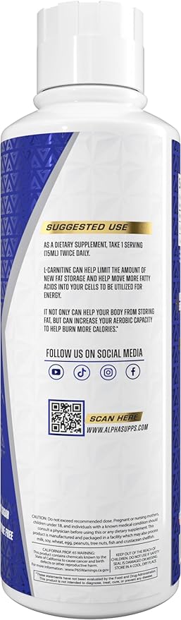 Alpha Supps L Carnitine Liquid 3000 | Stimulant-Free L-Carnitine Supplement for Men & Women | Pre-Workout Energy Boost & Muscle Recovery | Zero Sugar, Fat, & Carbs | 31 Servings (Blue Gummy)