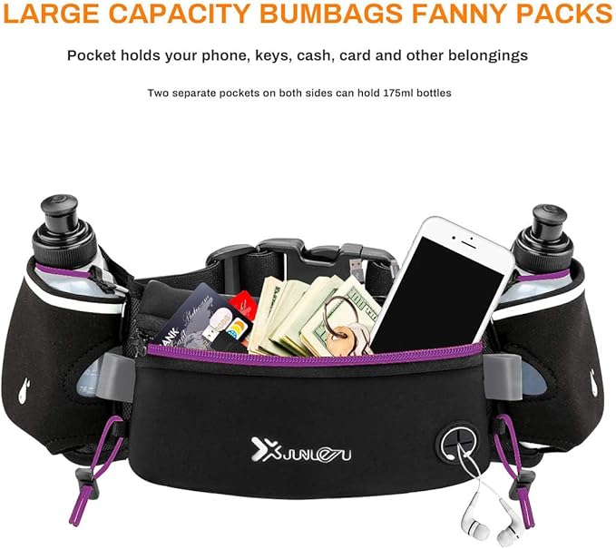 Running Belt with Water Bottles(2 x 175ML), Hydration Belt Waterproof Waist Pack Bag Fits iPhones Adjustable Sports Waist Pouch for Marathon Running Hiking Cycling, Purple