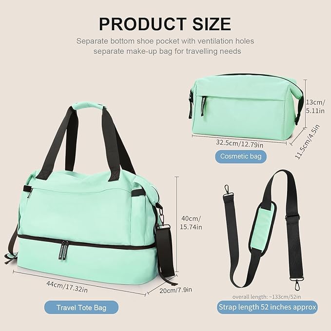 Gym Bag for Female, Weekender Bags for Women with Shoes Compartment, Personal Item Travel Duffel Bag with Wet Pocket & USB Charging Port, Carry On Bag for Women, Travel, Gym, Weekend (Light green)