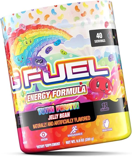 G Fuel Tutti Frutti Energy Drink Powder, Pre Workout Caffeine Mix for Gaming, Sugar Free Focus Amino, Vitamin + Antioxidants, 9.8oz (Tutti Frutti Jelly Bean, 40 Servings)