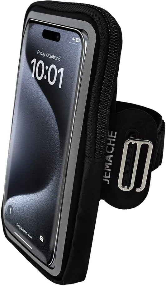 JEMACHE Running Armband for iPhone 17 16 15 14 13 Pro Max/Plus, Samsung Galaxy S25 S24 S23 Ultra/Plus, G Buckle Workouts Phone Arm Band Bag (Black) L