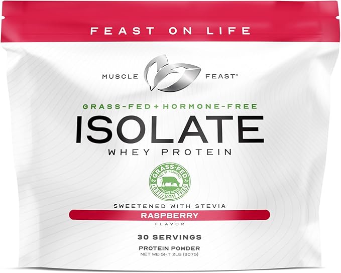 Muscle Feast Grass-Fed Whey Protein Isolate, All Natural Hormone Free Pasture Raised, Whey Isolate Protein Powder for Men and Women, Clean, Gluten-Free, Delicious Isolate Protein - Raspberry, 2lb