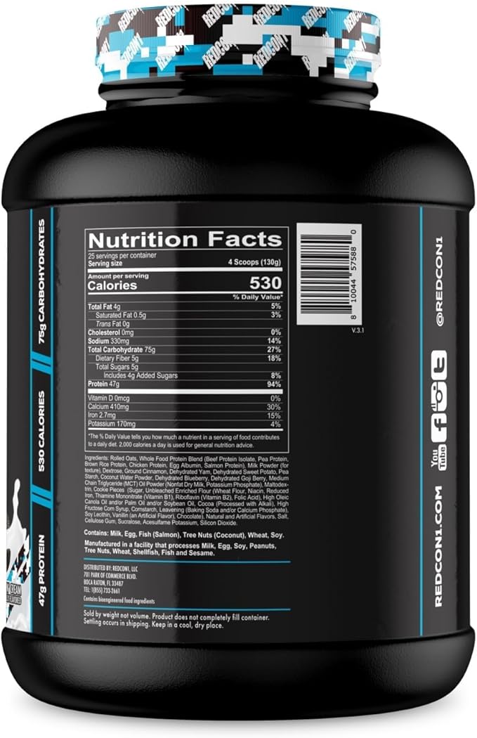 REDCON1 MRE Protein Powder, Cookies N' Cream - Meal Replacement Protein Blend Made with MCT Oil & Whole Foods - Protein with Natural Ingredients to Aid in Muscle Recovery (25 Servings)