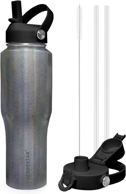 SENDESTAR 40oz Stainless Steel Water Bottle(Cold for 48 Hrs, Hot for 24 Hrs),Double Wall Vacuum Insulated Bottle with Straw Lid, Spout Lid and Flex Cap, Fit in Any Car Cup Holder,Laser Grey