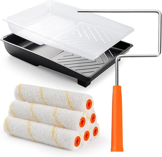 9 Pcs 6 Inch Small Paint Roller Kit with Microfiber Paint Roller Covers, Paint Tray with Liner, Mini Paint Roller for Painting Wall, Door, Cabinet