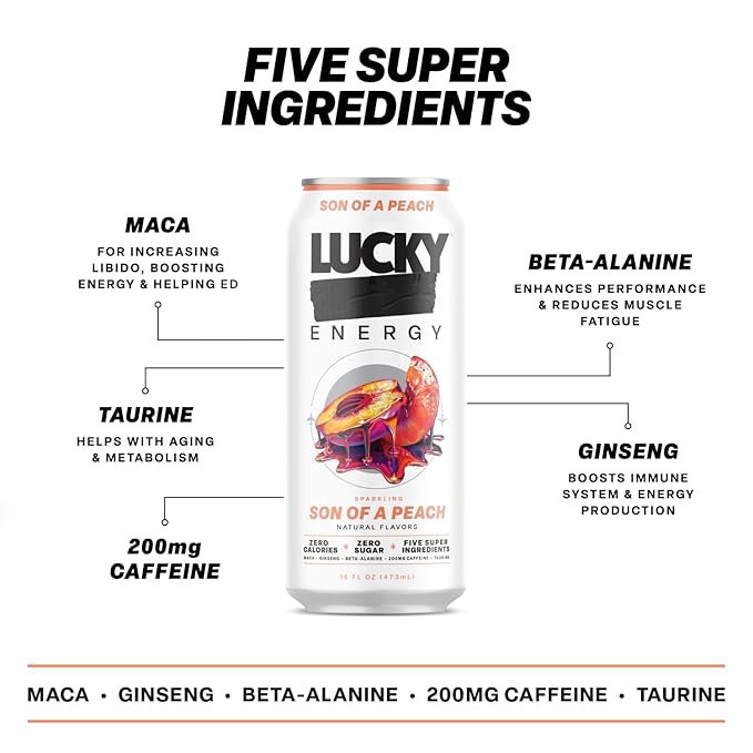 Lucky Energy Sugar Free Energy Drinks, Son of a Peach, 16oz Cans (12-Pack) Healthy, Zero Sugar Energy Drink with Maca, Ginseng, Beta-Alanine, Taurine & 200mg Caffeine
