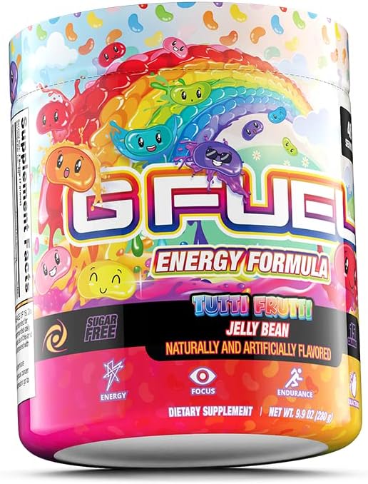 G Fuel Tutti Frutti Energy Drink Powder, Pre Workout Caffeine Mix for Gaming, Sugar Free Focus Amino, Vitamin + Antioxidants, 9.8oz (Tutti Frutti Jelly Bean, 40 Servings)