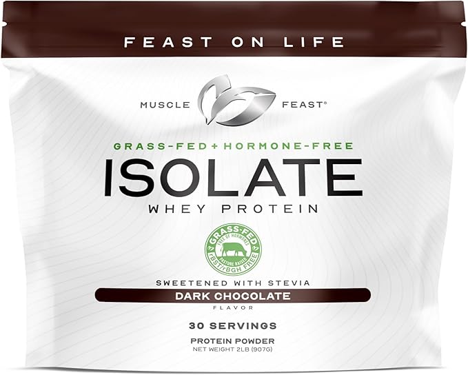 Muscle Feast Grass-Fed Whey Protein Isolate, All Natural Hormone Free Pasture Raised, Whey Isolate Protein Powder for Men and Women, Clean, Gluten-Free, Delicious Isolate Protein - Dark Chocolate, 2lb