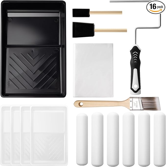 Mister Rui Paint Roller Kit, 16 Pack, 6 Inch Foam Paint Roller Set, Paint Brush, Small Paint Roller Tary with Liner, Mini Paint Kit for Painting
