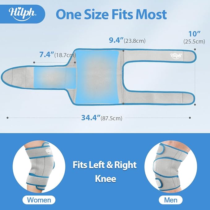 Hilph Large Hot & Cold Therapy Knee Ice Wrap with Dual Gel Packs & Adjustable Brace for Full Knee Coverage, Pain Relief for Replacement Surgery, Arthritis, ACL, Meniscus Tear, Women, Men Grey