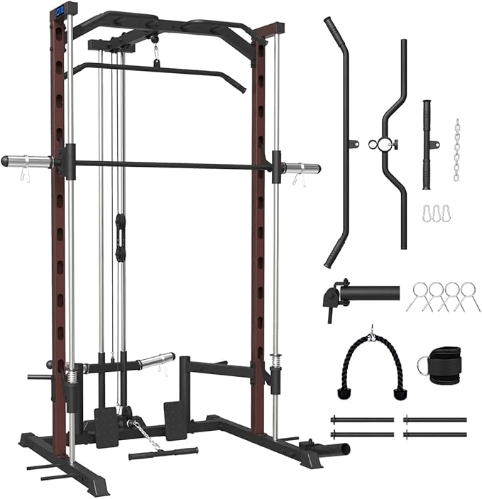FAGUS Smith Machine Home Gym Power Cage with Pulley System, Space Saving Design Squat Rack with Full Body Strength Training Attachments, PEC Station & Fixed Cable Crossover Optional